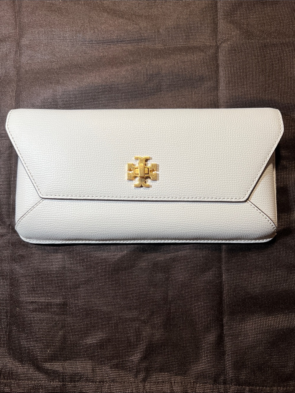 Tory Burch White Pebbled Leather Envelope Clutch with Gold Logo